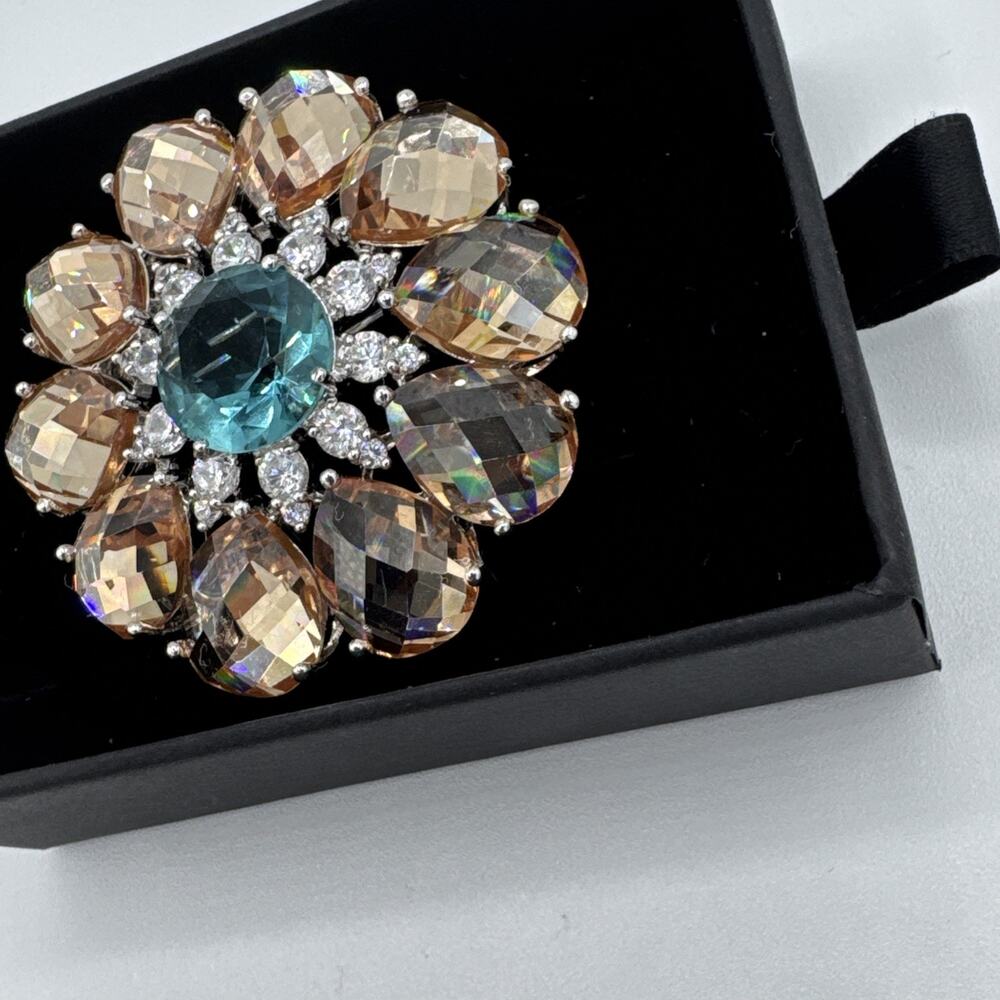 Vintage CWE Sterling Silver 925 Multi-Stone Brooch Pin Aqua Amber Blue CZ 2” - Picture 4 of 10